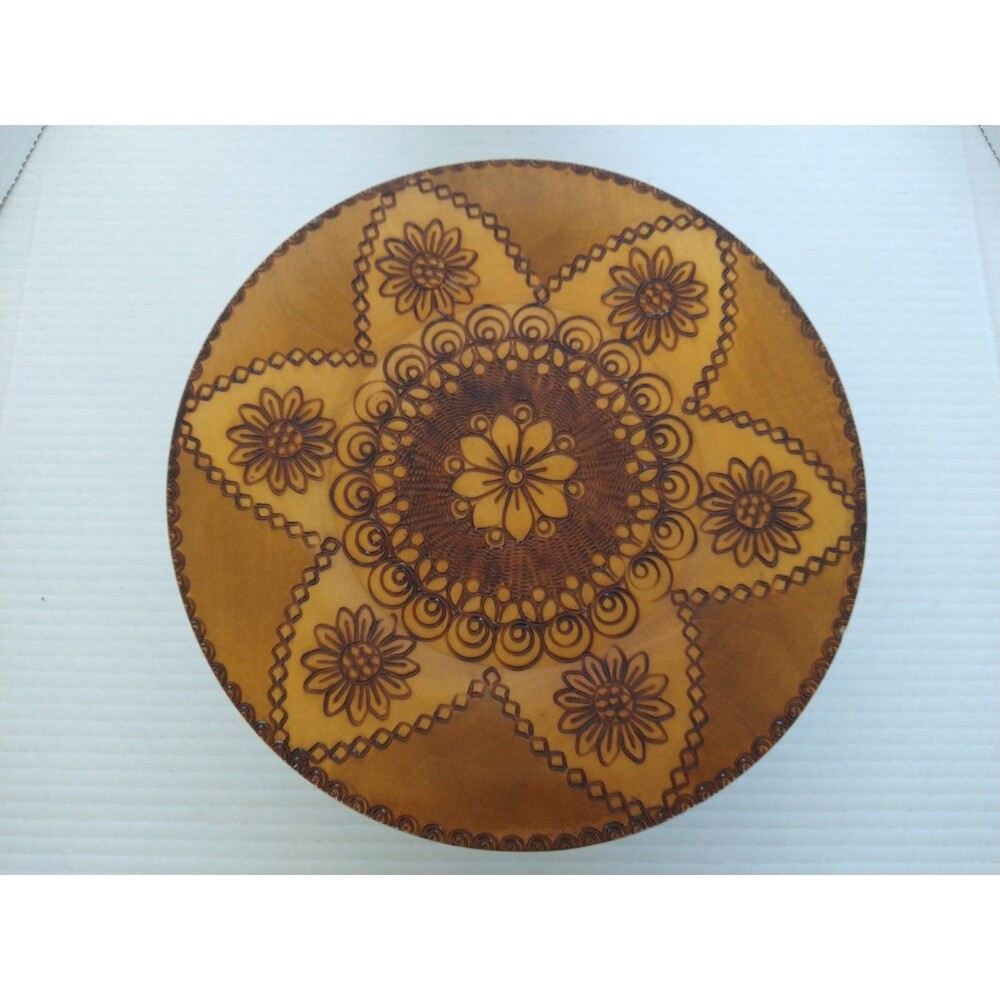 Carved Wooden Folk Art Floral Design Plate Collectable Natural Wall Home Decor